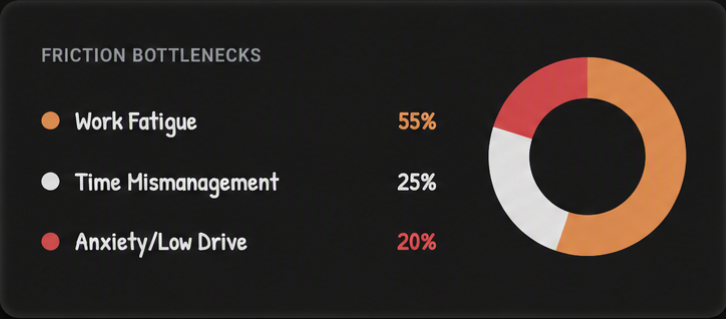 Friction bottlenecks chart comparing work fatigue, time management, and anxiety or low drive
